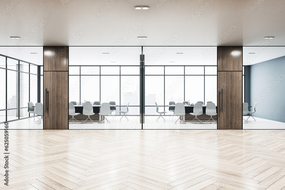 Front view of modern office hallway with boardroom with glass wall, panoramic window, wooden floor a