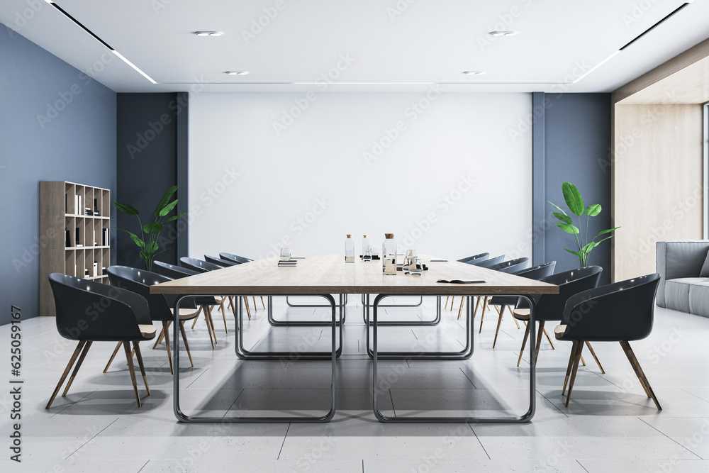 Side view of modern empty conference room with wooden office desk and chairs, white wall, tiles floo