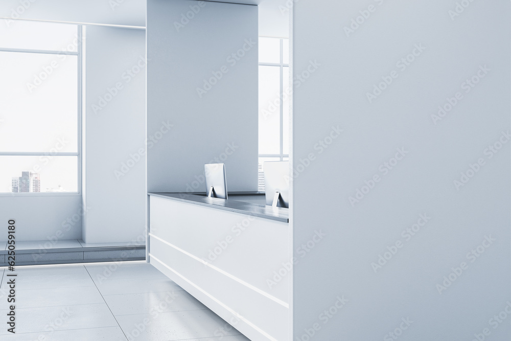 Modern white concrete office lobby interior with empty mock up place on wall, reception desk and com