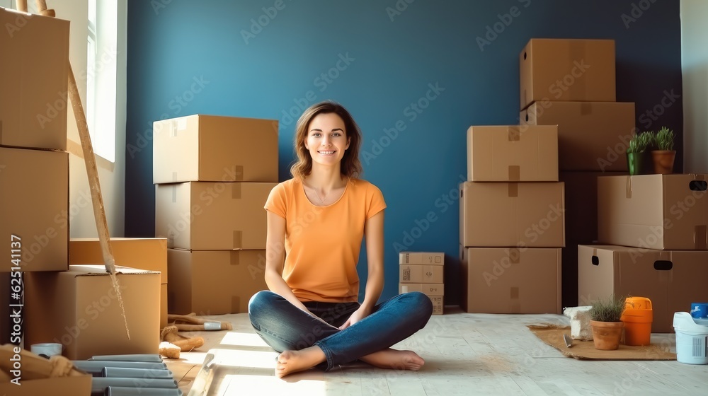 Woman in a new home with cardboard boxes, Beautiful girl moving home.