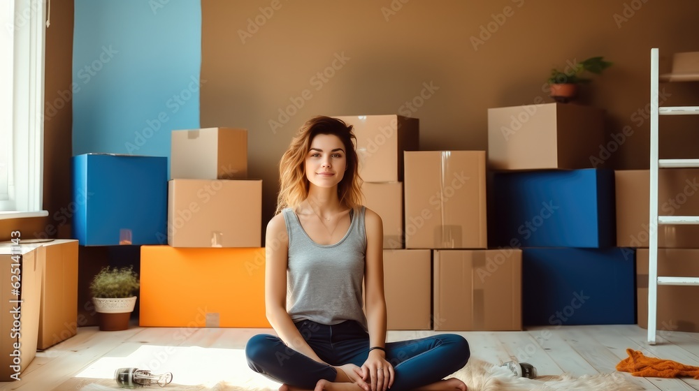 Woman in a new home with cardboard boxes, Beautiful girl moving home.