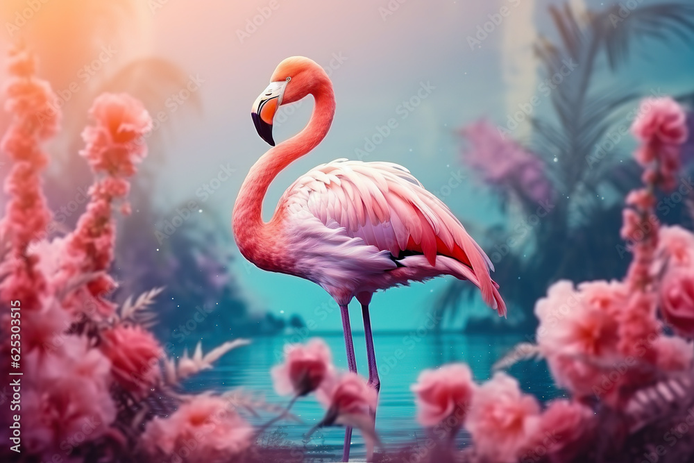 Pink flamingo in exotic jungle full of tropical leaves and large flowers.