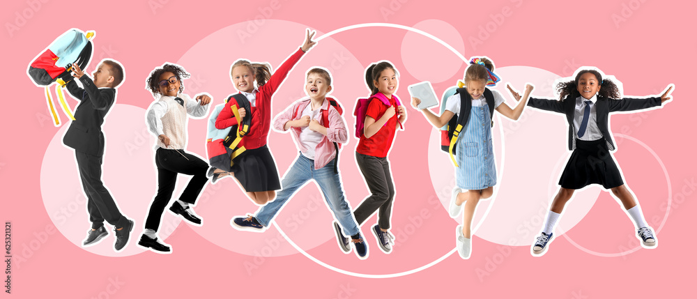 Collage with many jumping schoolchildren on pink background