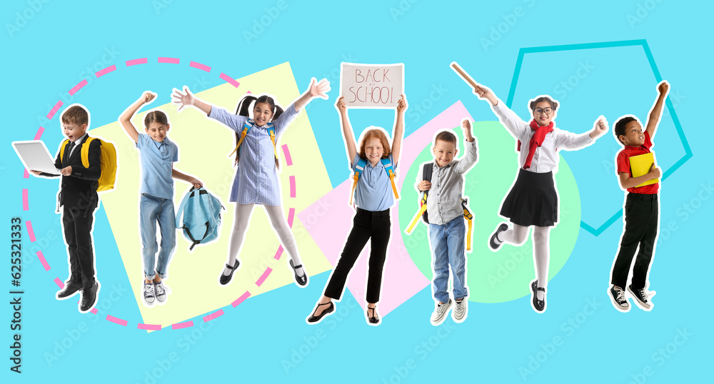 Collage with many schoolchildren on blue background