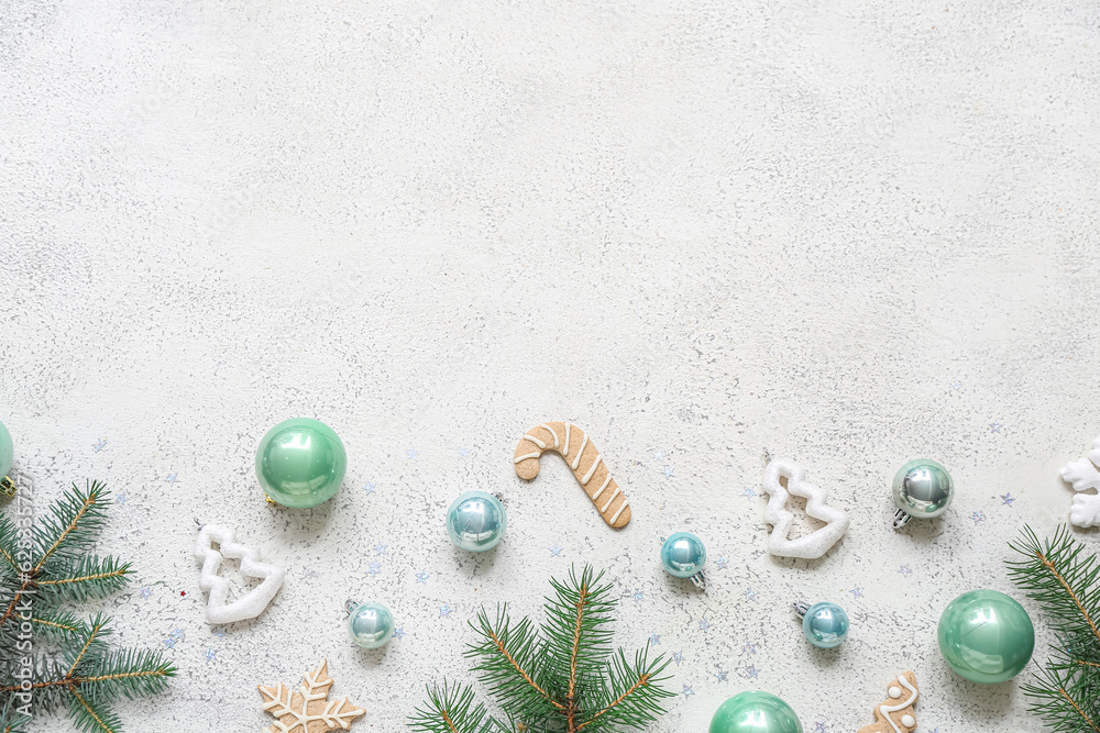 Different Christmas decorations and gingerbread cookie on white background