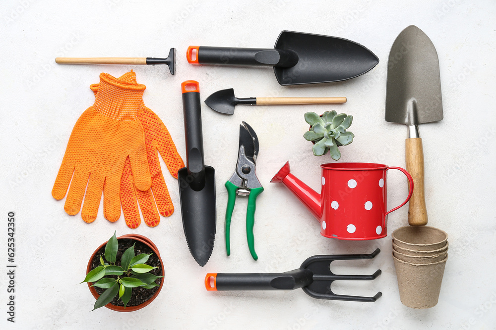 Composition with gardening tools on white background