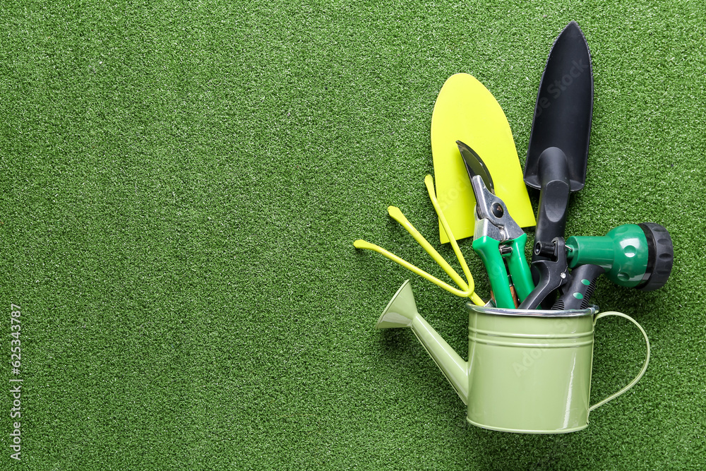 Watering can with gardening tools on green grass background