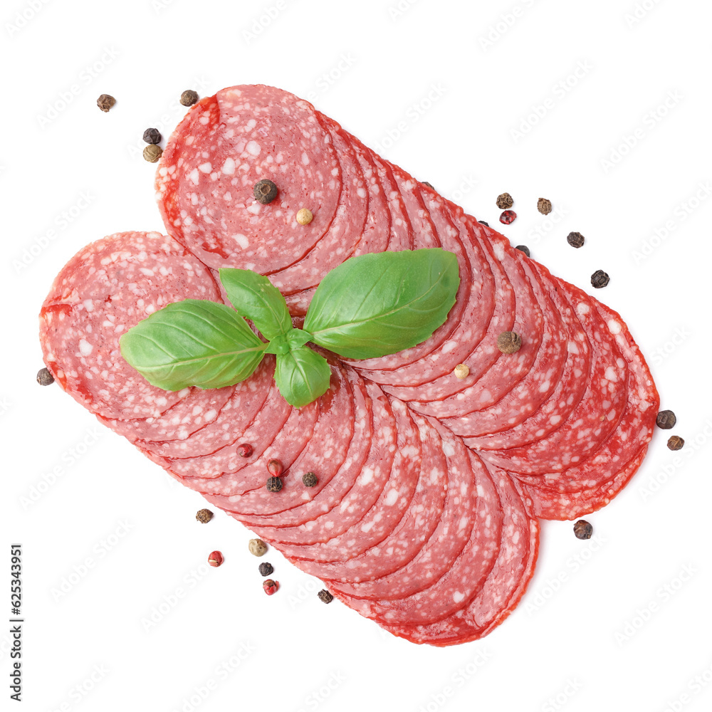 Slices of tasty salami isolated on white background