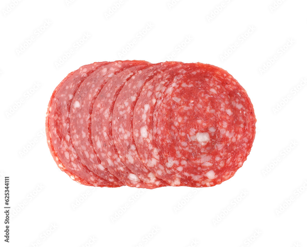 Slices of tasty salami isolated on white background