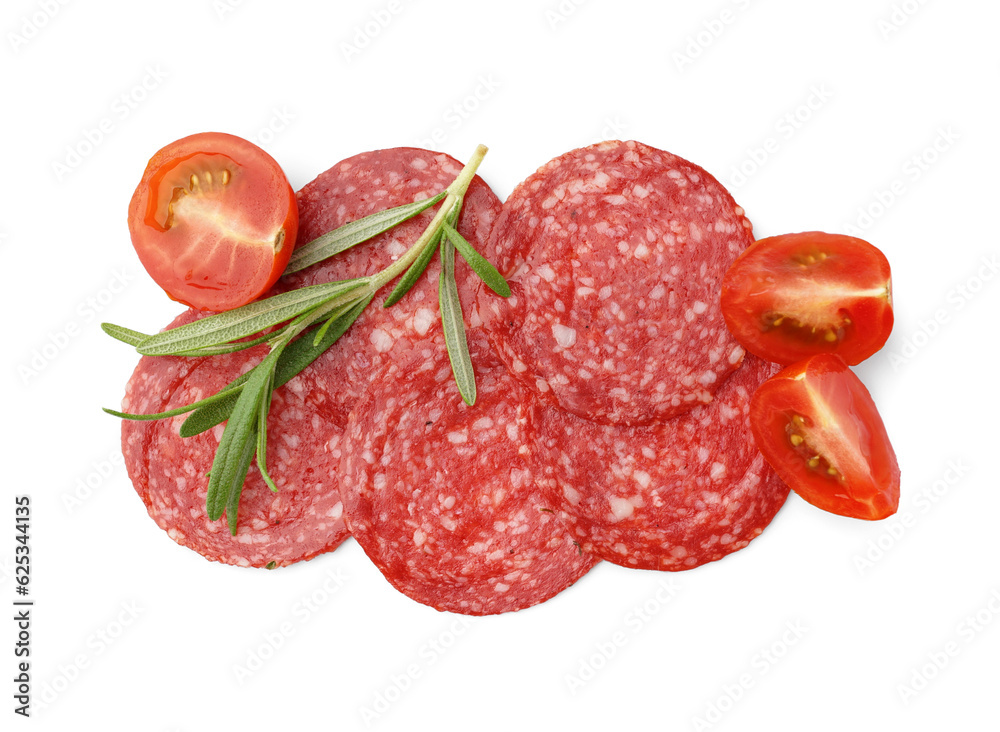 Slices of tasty salami and tomatoes isolated on white background