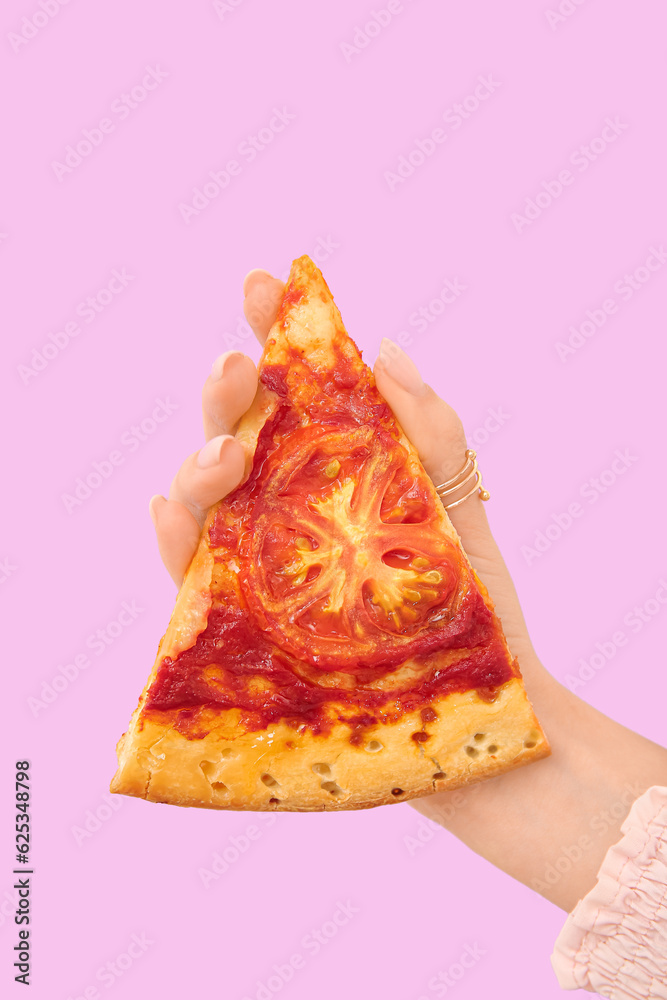 Woman holding slice of tasty pizza on lilac background