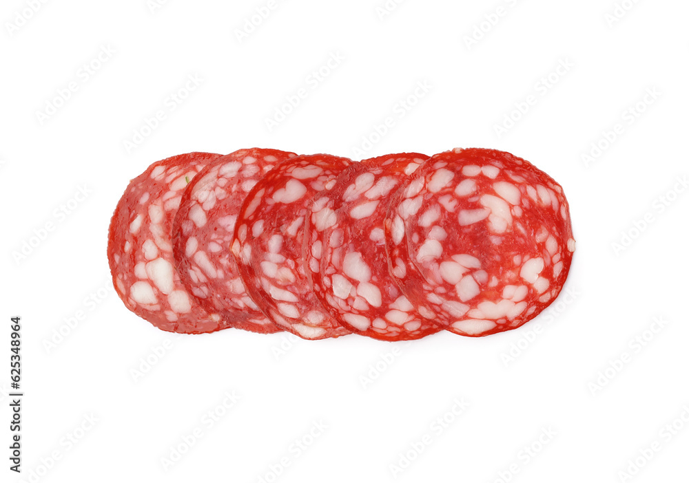 Slices of tasty salami on white background