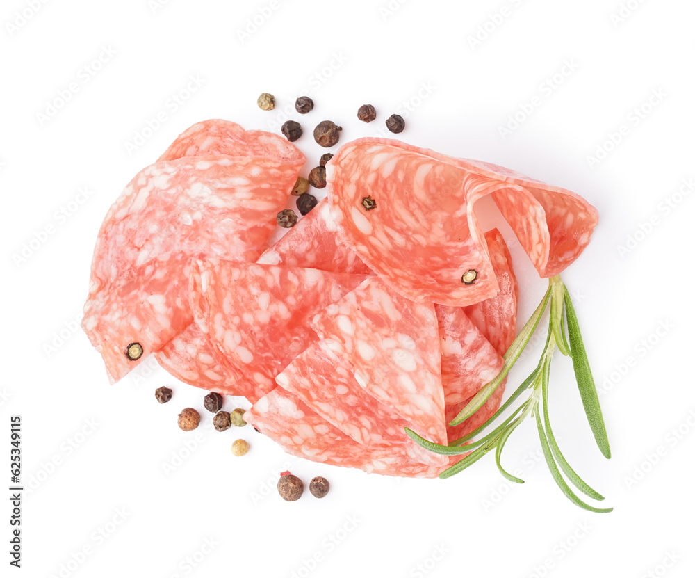 Slices of tasty salami on white background