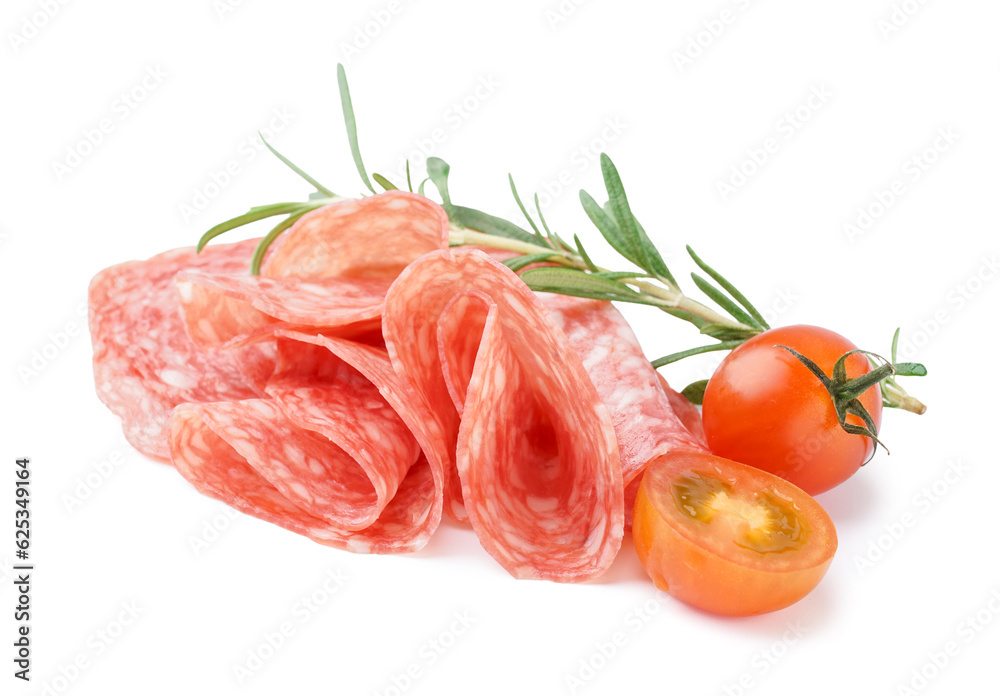 Slices of tasty salami on white background