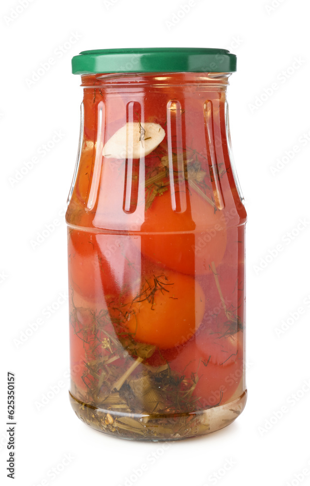 Jar with canned tomatoes on white background