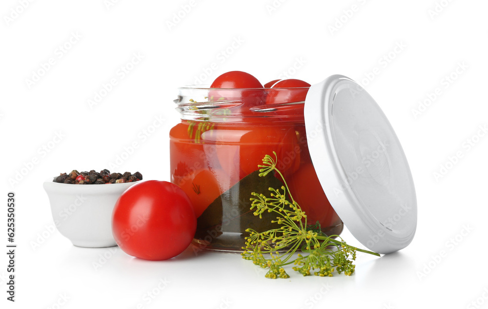 Jar with canned tomatoes and peppercorn on white background