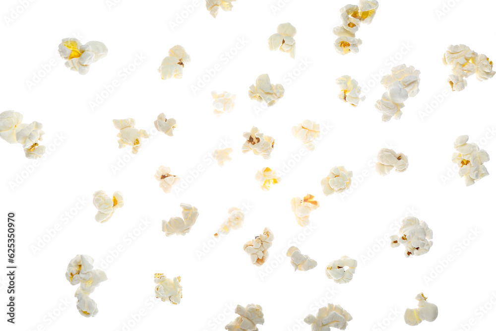 Flying tasty popcorn on white background