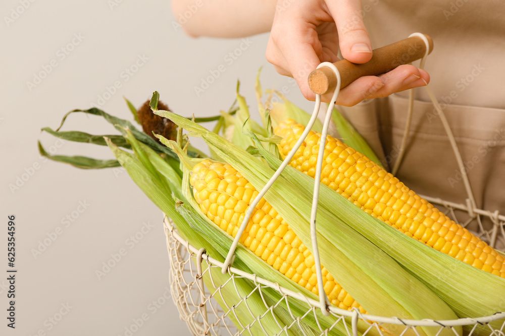 Woman holding basket with fresh corn cobs on white background