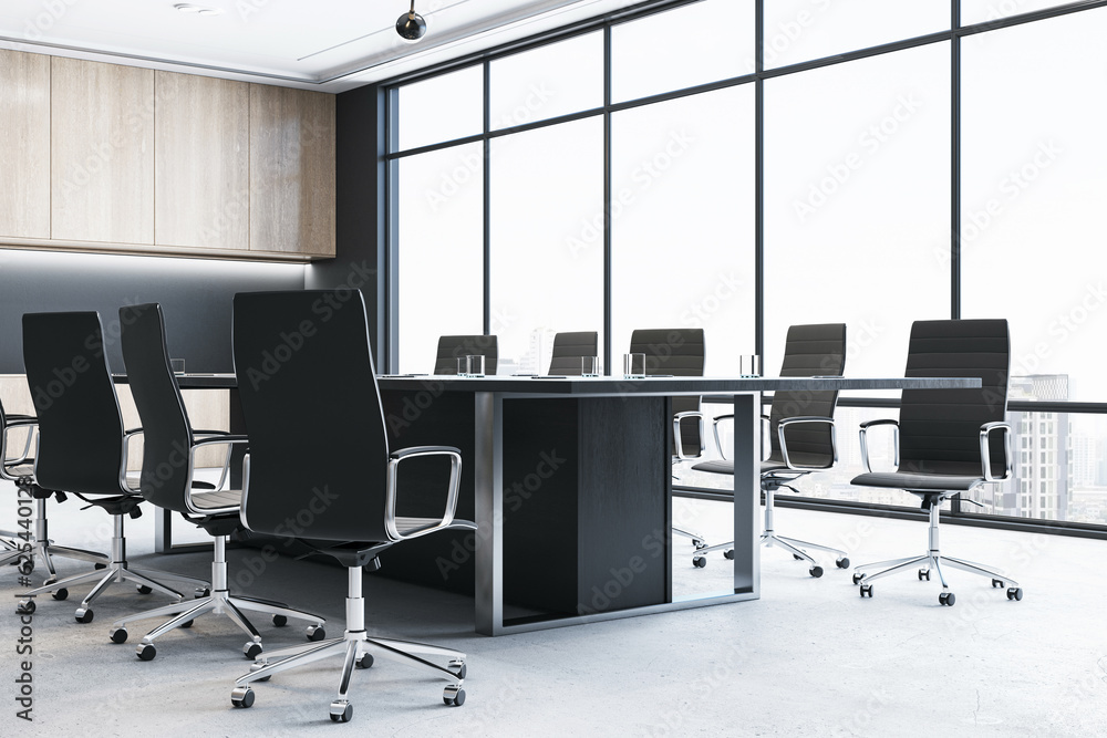 Modern empty meeting room interior with black office table and chairs, window, concrete floor and wo