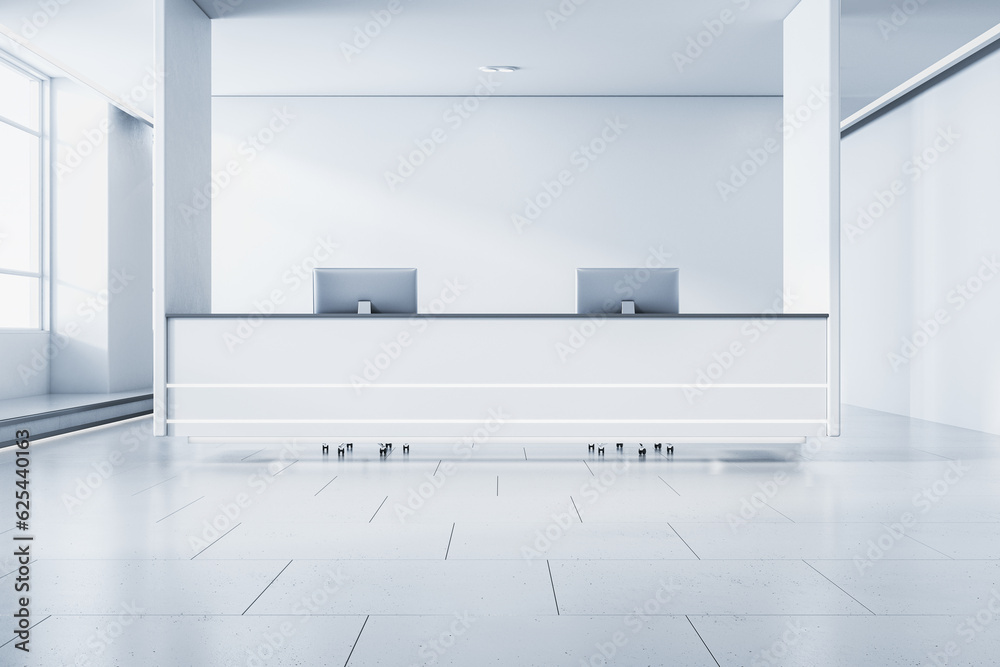 Modern white concrete office lobby interior with reception desk and computer, window with city view 