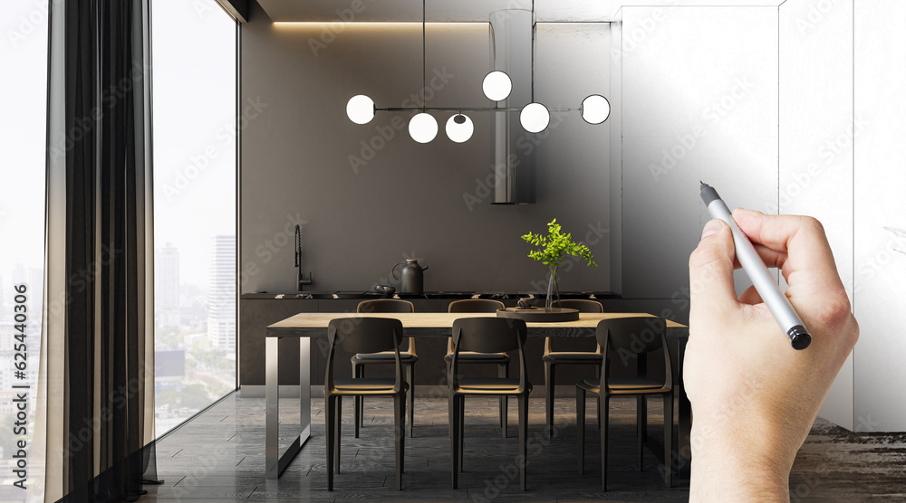 Hand drawing modern dark kitchen with window and city view, furniture. Interior design concept.