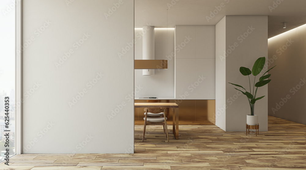 Modern golden and white kitchen interior with panoramic windows and furniture. 3D Rendering.