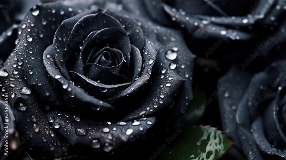 Black Roses flowers with water drops background. Closeup of blossom with glistening droplets. Genera