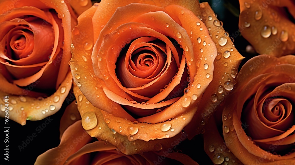 Orange Roses flowers with water drops background. Closeup of blossom with glistening droplets. Gener