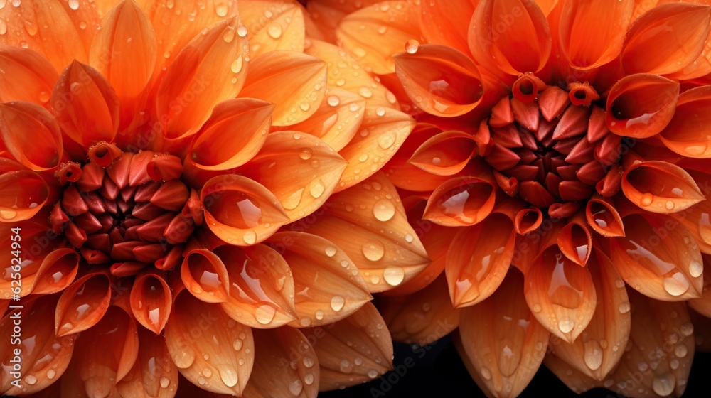 Orange Dahlia flowers with water drops background. Closeup of delicate blossom with glistening dropl