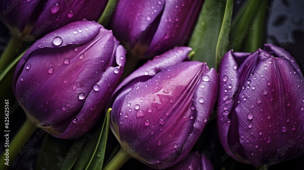 Purple Tulips flowers with water drops background. Closeup of blossom with glistening droplets. Gene