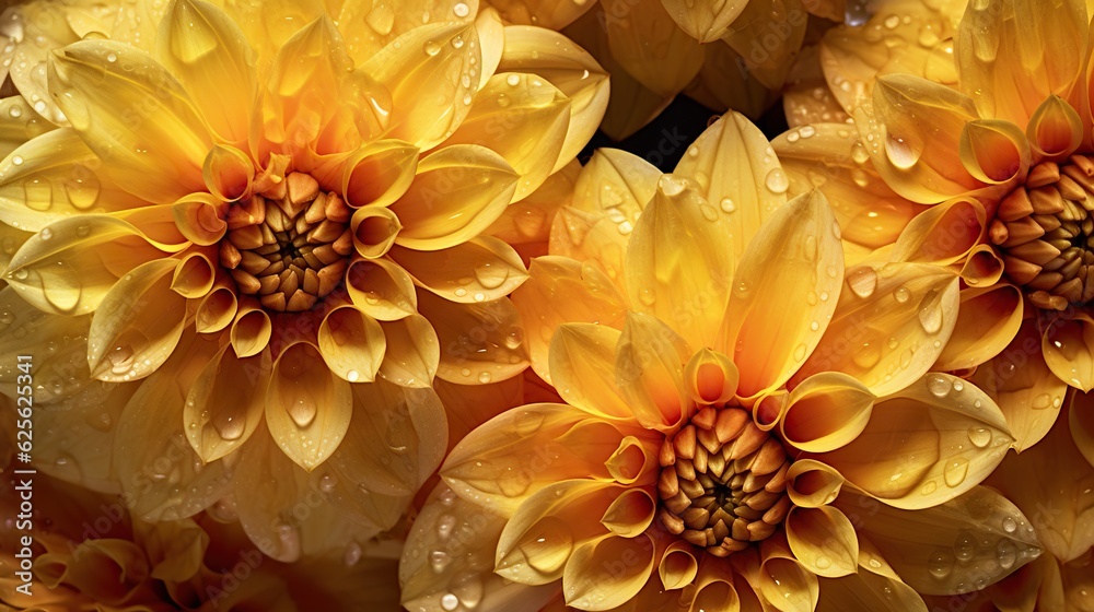 Yellow Dahlia flowers with water drops background. Closeup of delicate blossom with glistening dropl