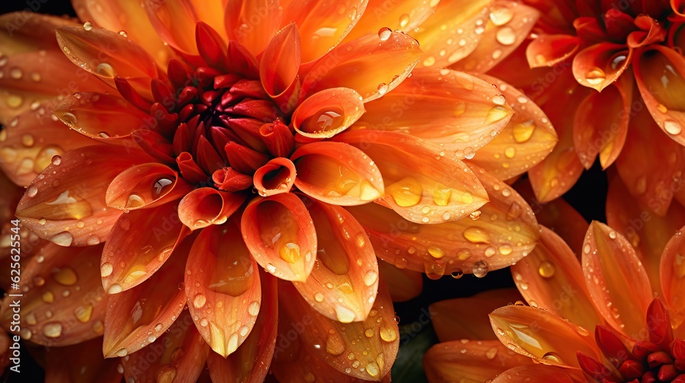 Orange Dahlia flowers with water drops background. Closeup of delicate blossom with glistening dropl