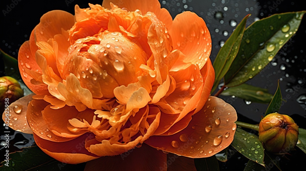 Orange Peony flowers with water drops background. Closeup of blossom with glistening droplets. Gener