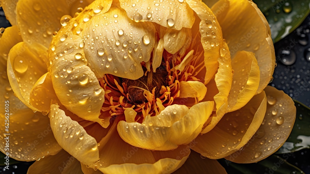 Yellow Peony flowers with water drops background. Closeup of blossom with glistening droplets. Gener