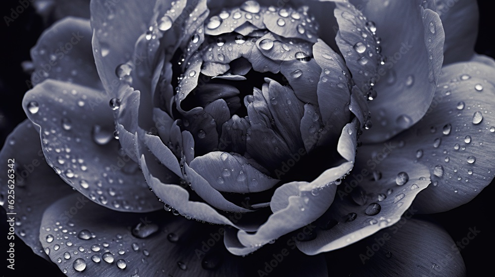 Black Peony flowers with water drops background. Closeup of blossom with glistening droplets. Genera