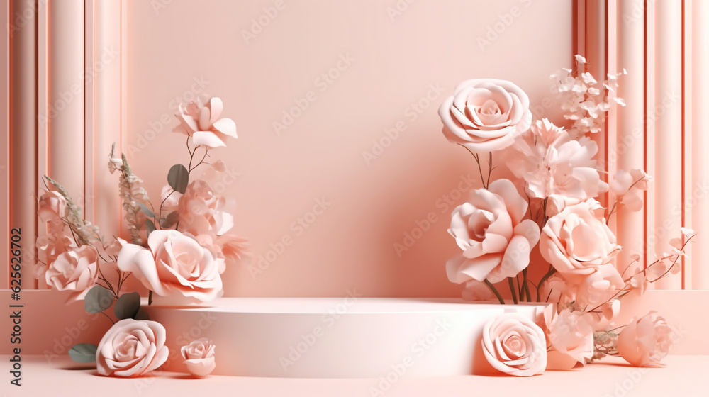 Podium with pink roses on pastel pink background to display products, gift or cosmetics. Generative 