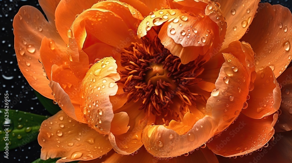 Orange Peony flowers with water drops background. Closeup of blossom with glistening droplets. Gener