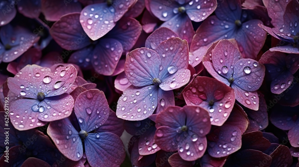 Purple Hydrangeas flowers with water drops background. Closeup of blossom with glistening droplets. 