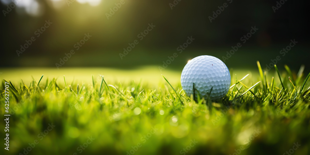 Close-up of golf ball on green grass of golf course, sunny day, blurred backdrop. Generative AI