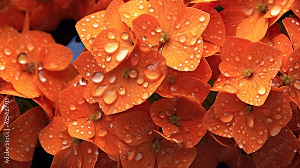 Orange Hydrangeas flowers with water drops background. Closeup of blossom with glistening droplets. 