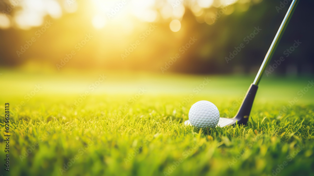 Golf club and golf ball on green grass background. Blurred backdrop. Outdoor sport on a sunny day. G