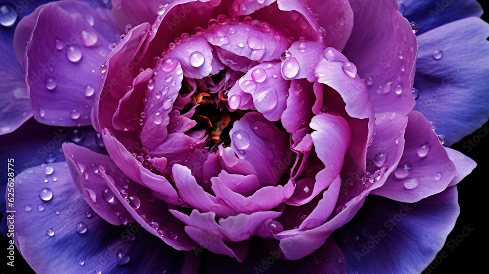 Purple Peony flowers with water drops background. Closeup of blossom with glistening droplets. Gener