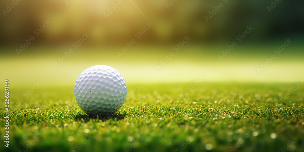 Close-up of golf ball on green grass of golf course, sunny day, blurred backdrop. Generative AI