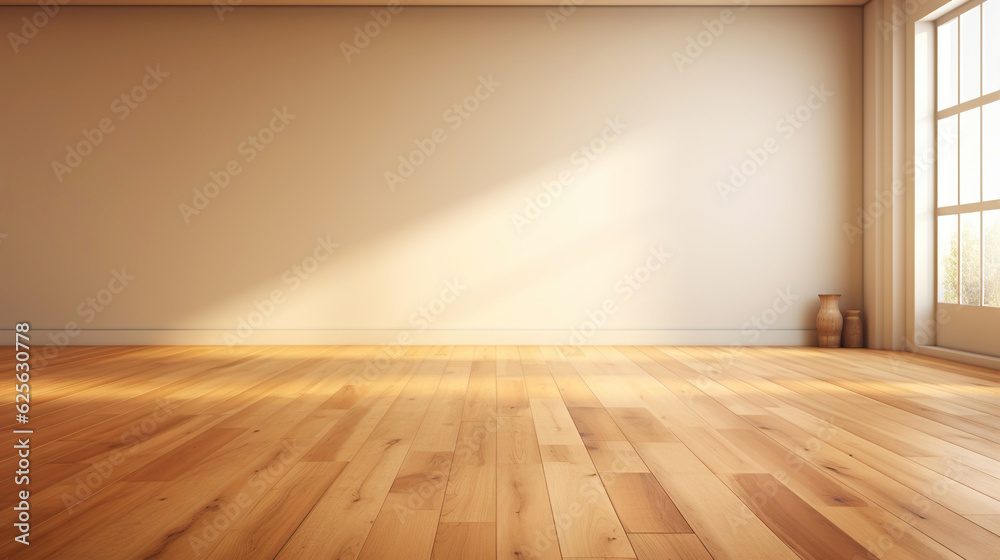 Beige wall empty apartment room with wooden floor. Copy space for product placement. Generative AI