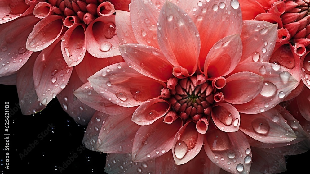 Pink Dahlia flowers with water drops background. Closeup of delicate blossom with glistening droplet