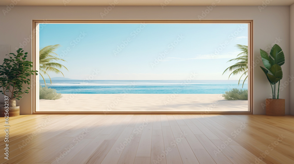 Empty apartment room with wooden floor of beach house. Sea view from windows. Copy space. Generative