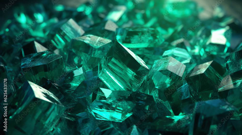 Amazing bright and shiny Emerald crystal cluster background. Jewel mineral detailed macro. Generativ