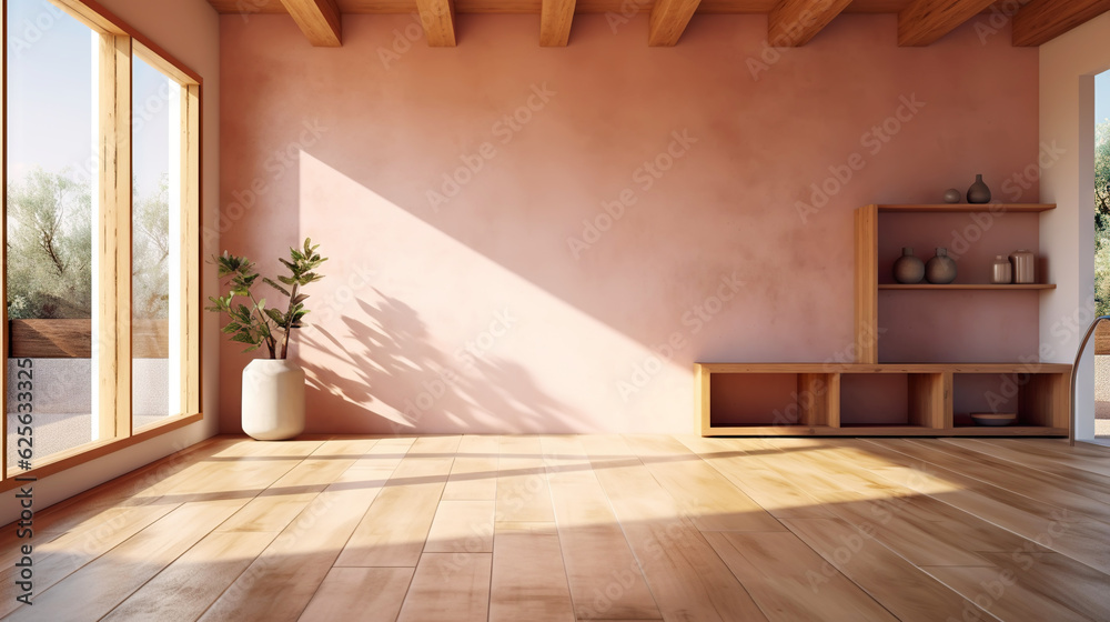 Empty room of modern contemporary loft with plants on wooden floor. Generative AI