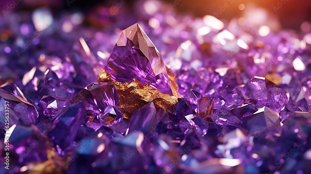 Amazing bright and shiny Amethyst crystal cluster background. Jewel mineral detailed macro. Generati