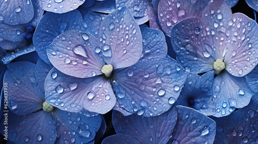 Blue Hydrangeas flowers with water drops background. Closeup of blossom with glistening droplets. Ge